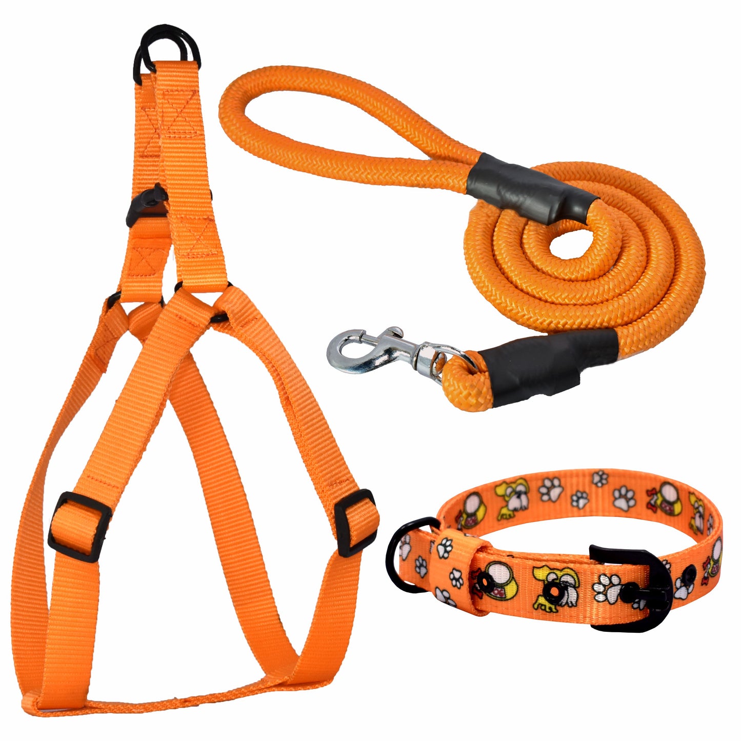 PETRENDS Dog Walk Essential Combo-Adjustable Harness, Collar, Rope With Chew Toy And Rubber Spike Ball