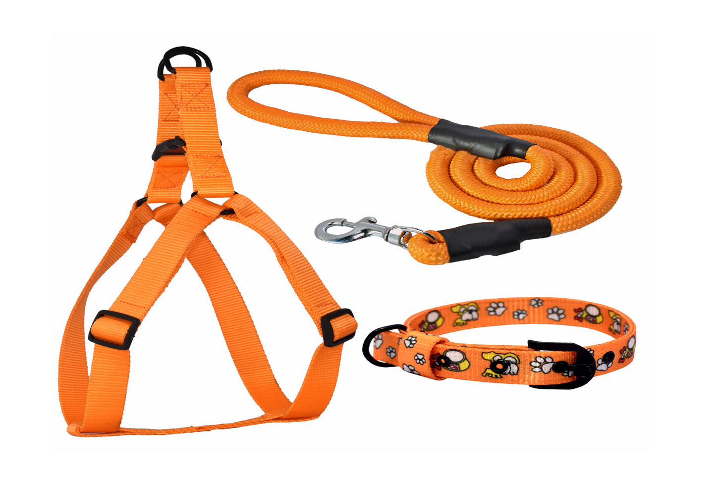 PETRENDS Dog Walk Essential Combo-Adjustable Harness, Collar, Rope With Chew Toy And Rubber Spike Ball